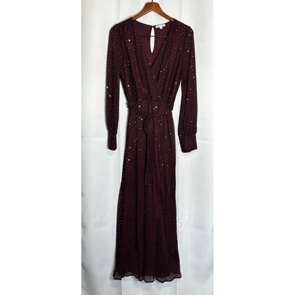 Baltic Born Maxi Dress XL Pleated Long Sleeve Burgundy Silver dots V-Neck